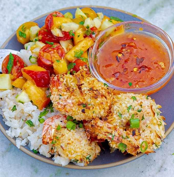 Crispy Grilled Coconut Shrimp With Peach Sauce and Coconut Sticky Rice